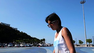 Thai skater teen relaxing on a big cock