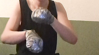selfbondage mittens and dildo sucking