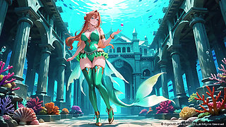 Red-haired Mermaid Princess's Private Tour in the Underwater Palace, Green Bikini hugging her curves, Heeled Boots on soft sand,