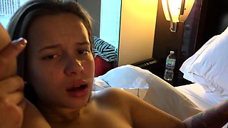 Skinny amateur sucks cock and fingers herself in pov scene