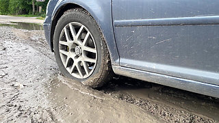 Car Stuck in Mud: Desperate Masturbation, Sloppy Blowjob & Public Facial Cumshot