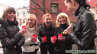 Topless college teens in group dancing