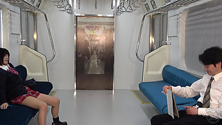 Flash Panties and Pussy, Miniskirt Student Uniform Girl Teases with Grin Male Office Worker on Train and Leads Him to Fap