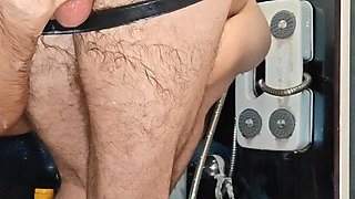 Hairy ass cumming in the shower