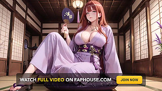 Red-haired Kimono Goddess! Kneeling Under the Sacred Torii Gate, She Adjusts Her Soaked Backless Outfit with a Shy Gaze.