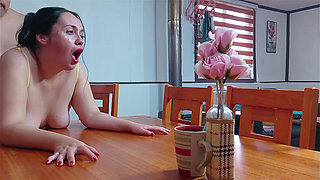 Horny Stepmom Brings Her Stepson Coffee and Gets Fucked Hard on the Table