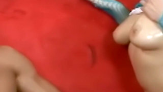 Oil Me up and Slide It in - Tanned Blonde in a Blue Fishnet Top Takes Him on the Red Bed
