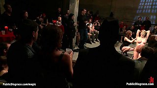 Big tits slave fingered in public