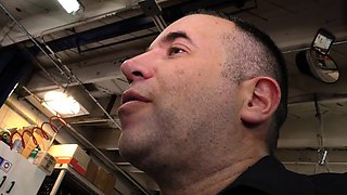 Hot brunette with big boobs gives hot blowjob