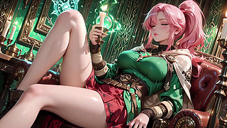 Deep squat teasing under the giant magic array, green battle gear stretched tight.