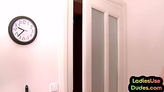 Pegging maid and GF hump guy asshole in trio with stra