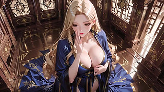 Blonde Goddess in Silk! Lazy Strolls, Kneeling Glances, and Fingertips Grazing Her Chest in a Sun-drenched Japanese Corridor