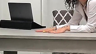 The Secretary Gets Her Feet Licked with Pantyhose and Gets Fucked Before Getting Cum on Her Heels and Swallowing Her!