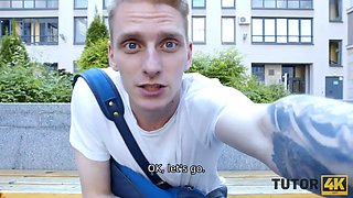 Tutor4k. guy makes body of educator in tights jiggle