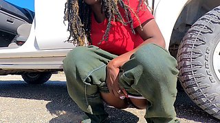 Ebony outside, pussy rubbing cock, risky adventures