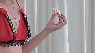 Mistress Spits Cake She Has in Her Mouth Into Mouth of Masochist B to Eat, Showing off to Masochist a and Enjoying a's Jealousy