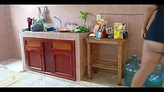 Chubby Stepmother Washes and Cleans the Kitchen