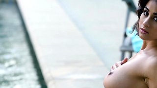 Big boobs Latina beauty strips swimsuit