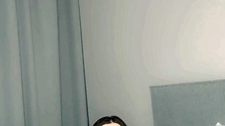 Busty curly brunette with big boobs fucks on couch