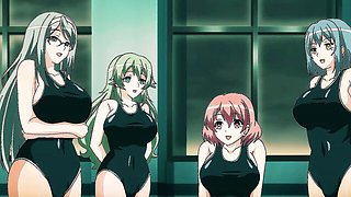 Four anime girls in black one-piece swimsuits on teal indoor pool deck