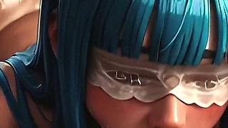 Fast Action - Blindfolded Blue-haired Beauty in a Steamy Onsen