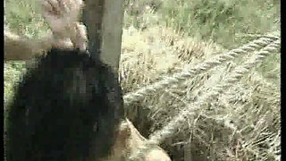 Skinny Chick Rubs Her Pussy Before She Gets Tied and Fucked Outdoors